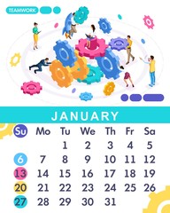 Isometric month January from set calendar of 2019. Teamwork concept banner. Concept of creating a business strategy. Isometric people on a white background