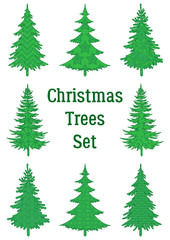 Set of Green Holiday Christmas Trees, Winter Symbols with Patterns, Isolated on White. Vector