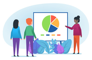 Woman pointing to whiteboard with charts. Business presentation, teamwork, meeting. Flat design vector illustration