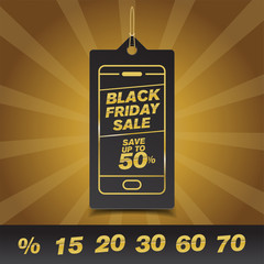 Black Friday mobile concept sale and discount with typographic design in a hanging label tag