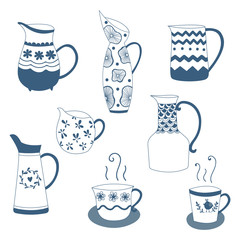Doodle hand drawn blue porcelain china teapot and cups. Vector design.