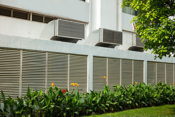 Ventilation grille on wall of building outdoor - obrazy, fototapety, plakaty