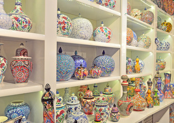 pottery, ceramic vases, decorated with various patterns, are sold in a gift shop in Istanbul, Turkey
