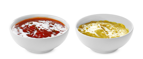 Tasty sauces in bowls on white background
