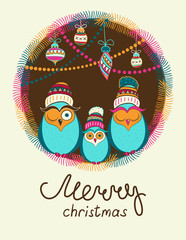 Merry Christmas greeting card with cute cartoon owls.