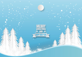 Snowflake with tree on blue background for Christmas Season, Vector illustration Paper art  style