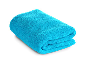 Bright folded towel on white background