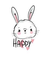 Hand Drawn Vector Rabbit, Cute Bunny, Vector illustration. Print for children's textile.