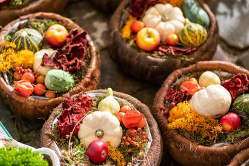 Picture of autumn market. Pumpkin and vegetables on the ground