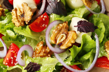 Delicious fresh salad with walnuts, closeup