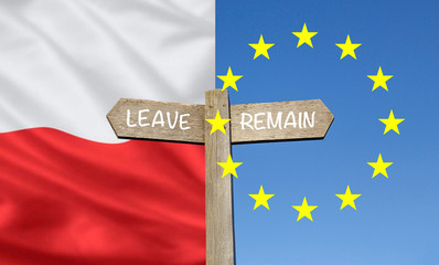 Concept image of the Poland leaving the European Union - Polexit. Signpost giving the options of staying or leaving the European Union with flag background. 