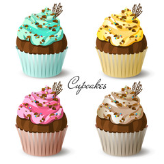 Set of colored cupcakes. Cake dessert collection with cream. Vector illustration.