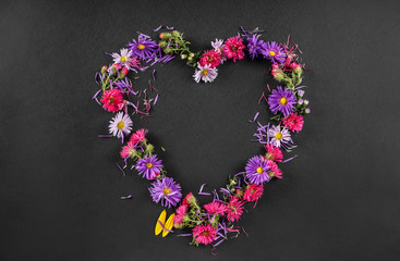 Heart-shaped frame made of beautiful flowers on dark background, top view