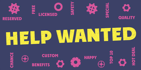 HELP WANTED Banner Stamp. Words and tags cloud.