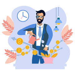 Businessman and money plant watering. Business work situation in flat style. Cartoon vector illustration