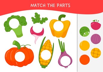 Matching children educational game. Match parts of cartoon vegetables. Activity for pre shool years kids and toddlers.