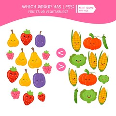 Counting educational children game, math kids activity sheet. How many objects task. Cartoon fruits and vegetables.