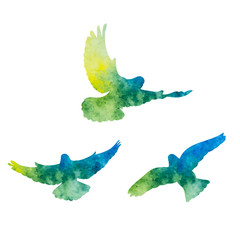 blue silhouette watercolor many birds flying