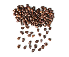 Creative composition with roasted coffee beans on white background