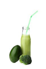Bottle with fresh avocado smoothie on white background