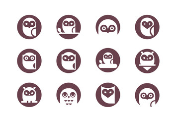 Owl icon collection. Set of outline owls and emblems design elements for schools, educational signs.