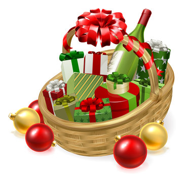 A Christmas hamper gift basket graphic illustration with baubles and bow ribbon