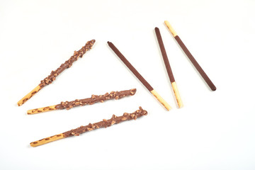 set of chocolate biscuit stick on white background.
