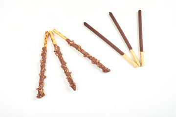 set of chocolate biscuit stick on white background.