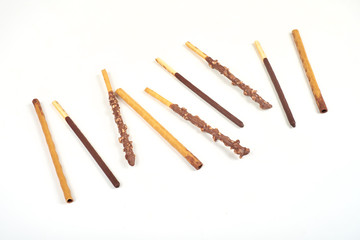set of chocolate biscuit stick on white background.
