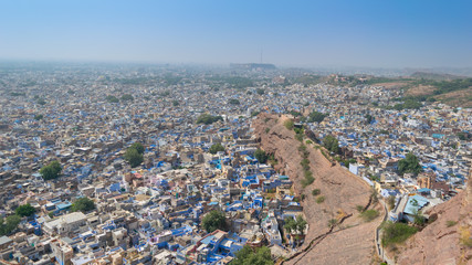 Panoramic view of blue city from Mehrangarh Fort in Jodhpur city, India