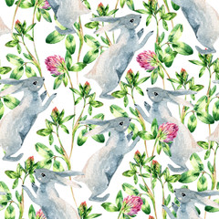Watercolor meadow seamless pattern with bunny, clover flower