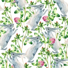 Wall murals Rabbit Watercolor meadow seamless pattern with bunny, clover flower