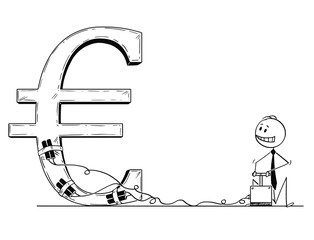 Cartoon stick man drawing conceptual illustration of businessman using detonator and explosives as metaphor of speculation and trying to destroy or crash Euro currency symbol.