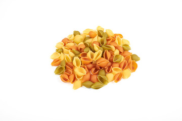 Shell pasta on white background, top view.