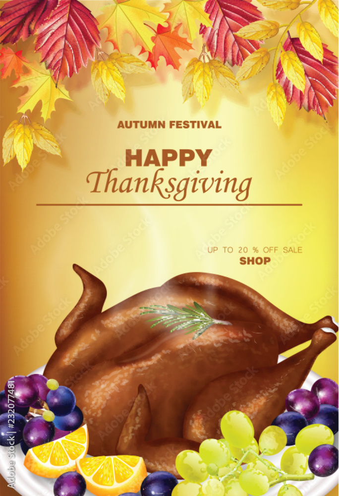 Wall mural happy thanksgiving turkey menu vector realistic. autumn fall 3d detailed symbols illustrations