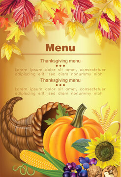 Happy thanksgiving menu Vector realistic. Pumpkin, and sunflower. Autumn fall 3d detailed symbols illustrations