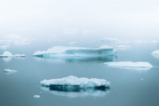 Minimalist blue icebergs in the fog