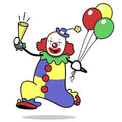 Mann als Clown im Zirkus rennt mit Hupe