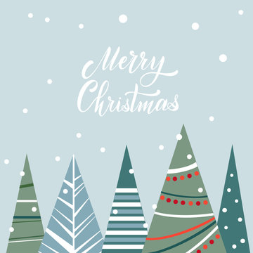 Merry Christmas and Happy New Year Postcard. Hand drawn lettering. Winter forest. Elements for greeting card, poster, banners. T-shirt, notebook and sticker design