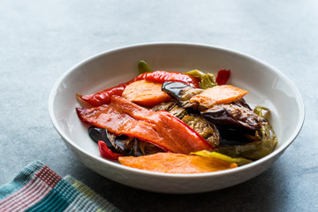 Turkish Food Style Fried Vegetables, Red Pepper, Aubergine, Carrot, Hot Pepper and Onions / Sebze Kizartma.