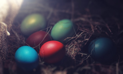 Easter painted eggs on burlap