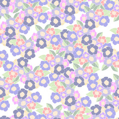 Seamless floral pattern in palette of faded blue, pink, violet, red, green and white.