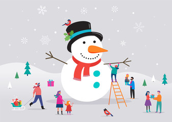 Merry Christmas card, background, bannner with huge snowman and small people, young men and women, families having fun in snow, skiing, snowboarding, sledding, ice skating, concept vector illustration