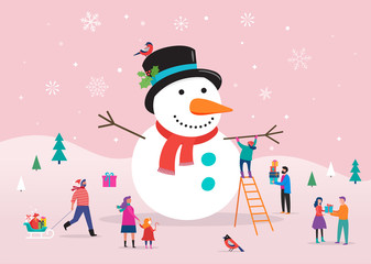 Merry Christmas card, background, bannner with huge snowman and small people, young men and women, families having fun in snow, skiing, snowboarding, sledding, ice skating, concept vector illustration