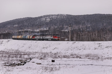 heavy freight train in winter