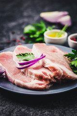 Raw fresh meat slices on plate, dark background. Selective focus, space for text.