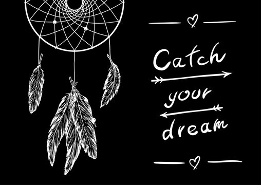 Vector monohrome hand draw illustration dreamcatcher with feathers and design lettering