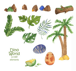 Hand drawn watercolor collection of dino world elements: Grass, leaf, stone, wood, plant, tree. Illustration isolated on the white background - 232083464