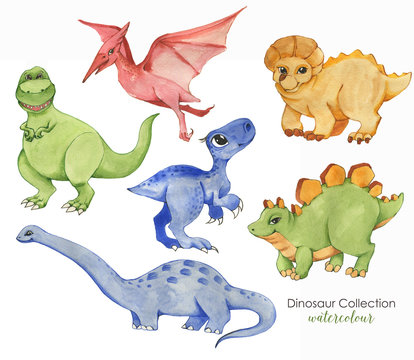 Hand drawn watercolor illustration of cute dinosaurs. Historical reptiles. Collection dinosaurs - cartoon character. Illustration for children