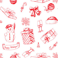 Hand drawn seamless pattern with various Christmas holiday related items- snowman, gifts, baubles and etc.
